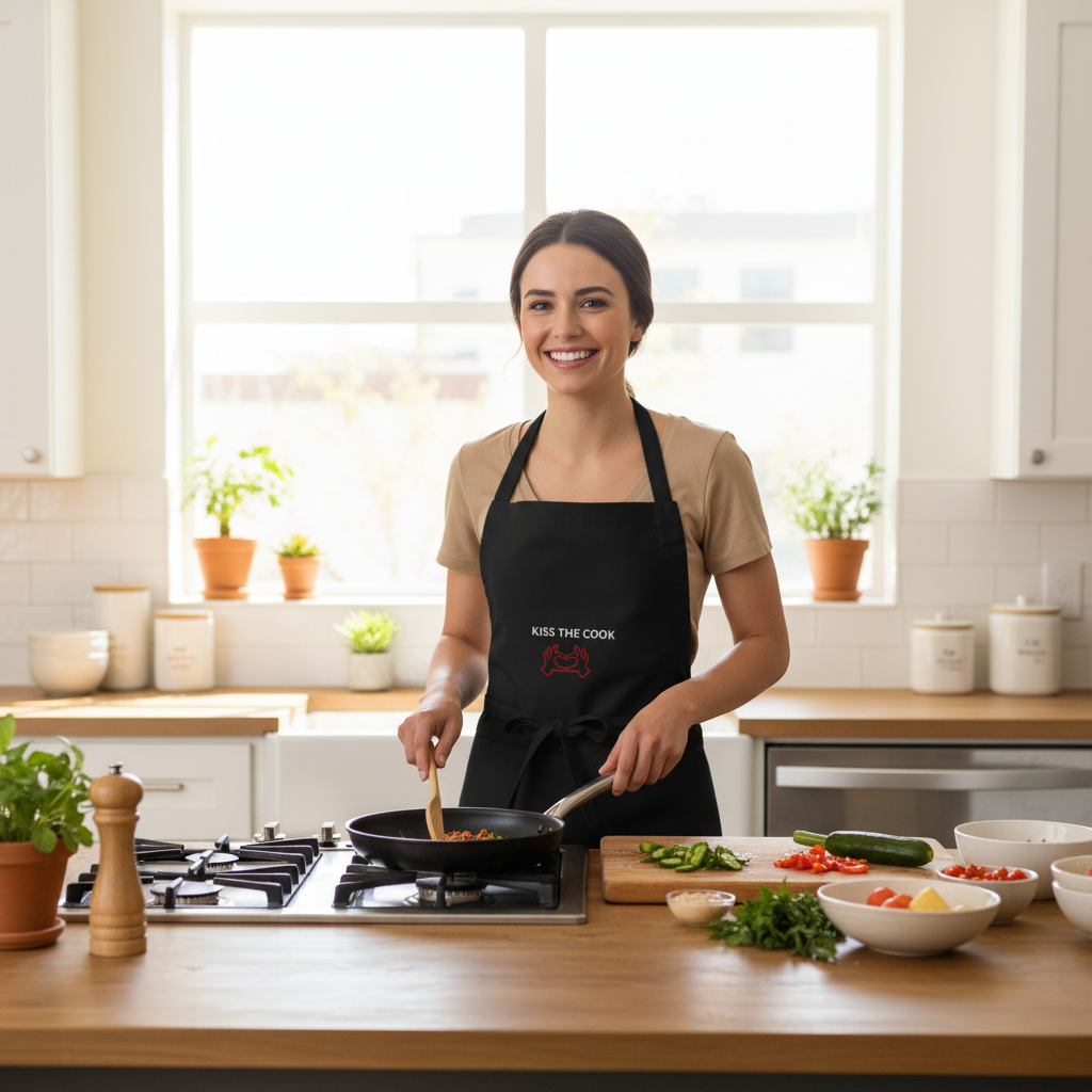 Kiss the Cook apron - cooking scene